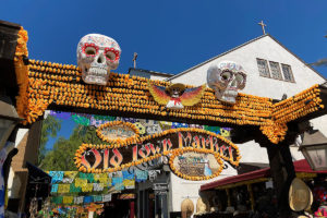 Old Town Market sign decorated for Day of the Dead